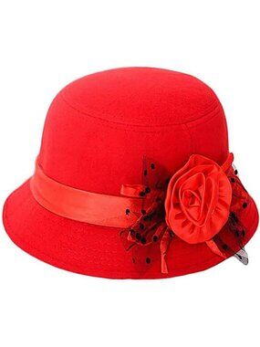 Women's Red Vintage Felt Cloche inter Floral Fedora Imported Bucket Hat